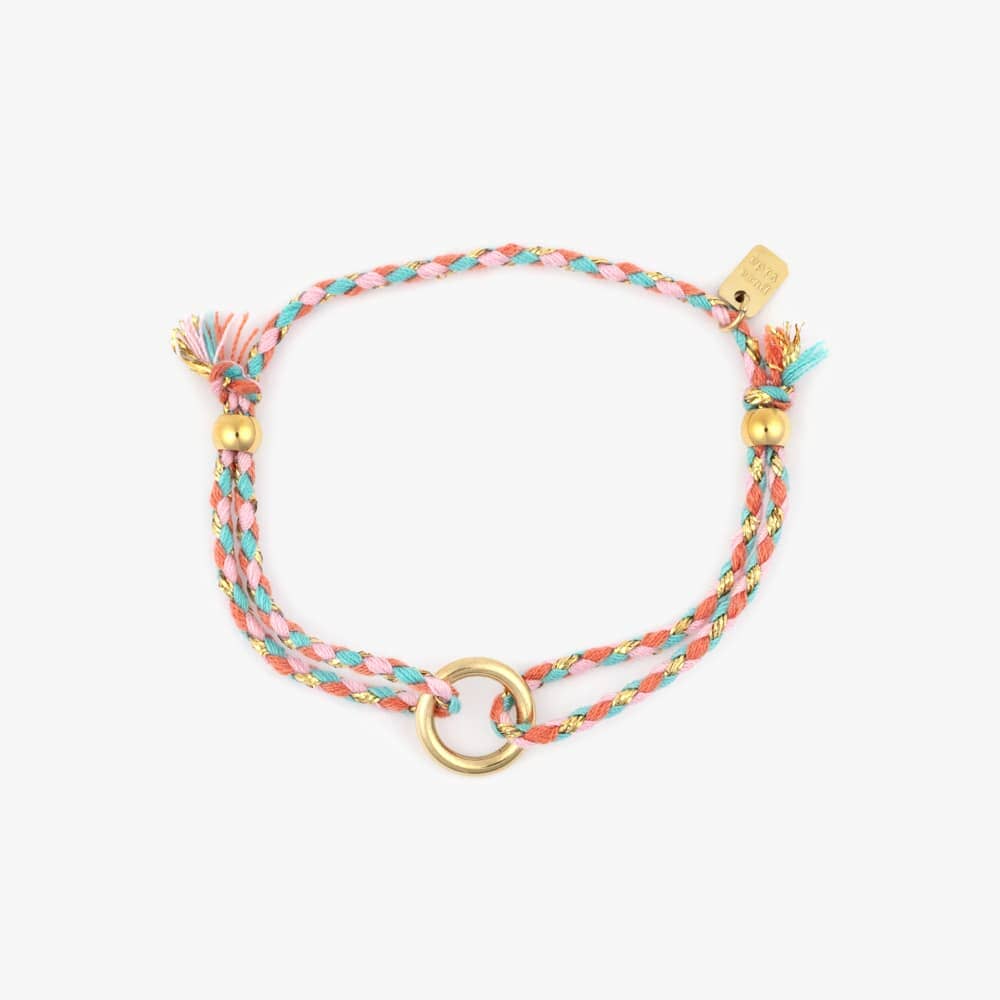Colorful braided bracelet with gold clasp on a white background